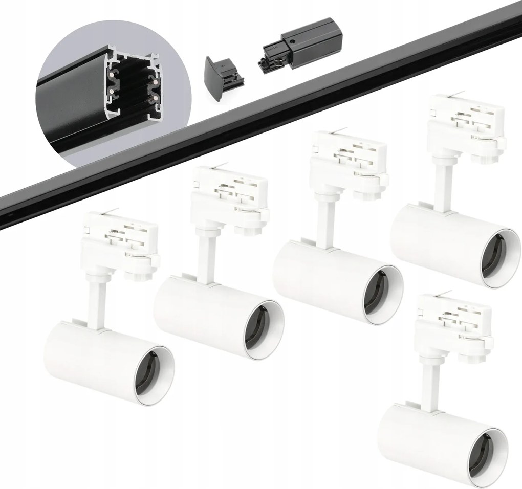 Sín szett 3 fázisú sín fekete 2m, 5x Lámpa Fehér komplett szett