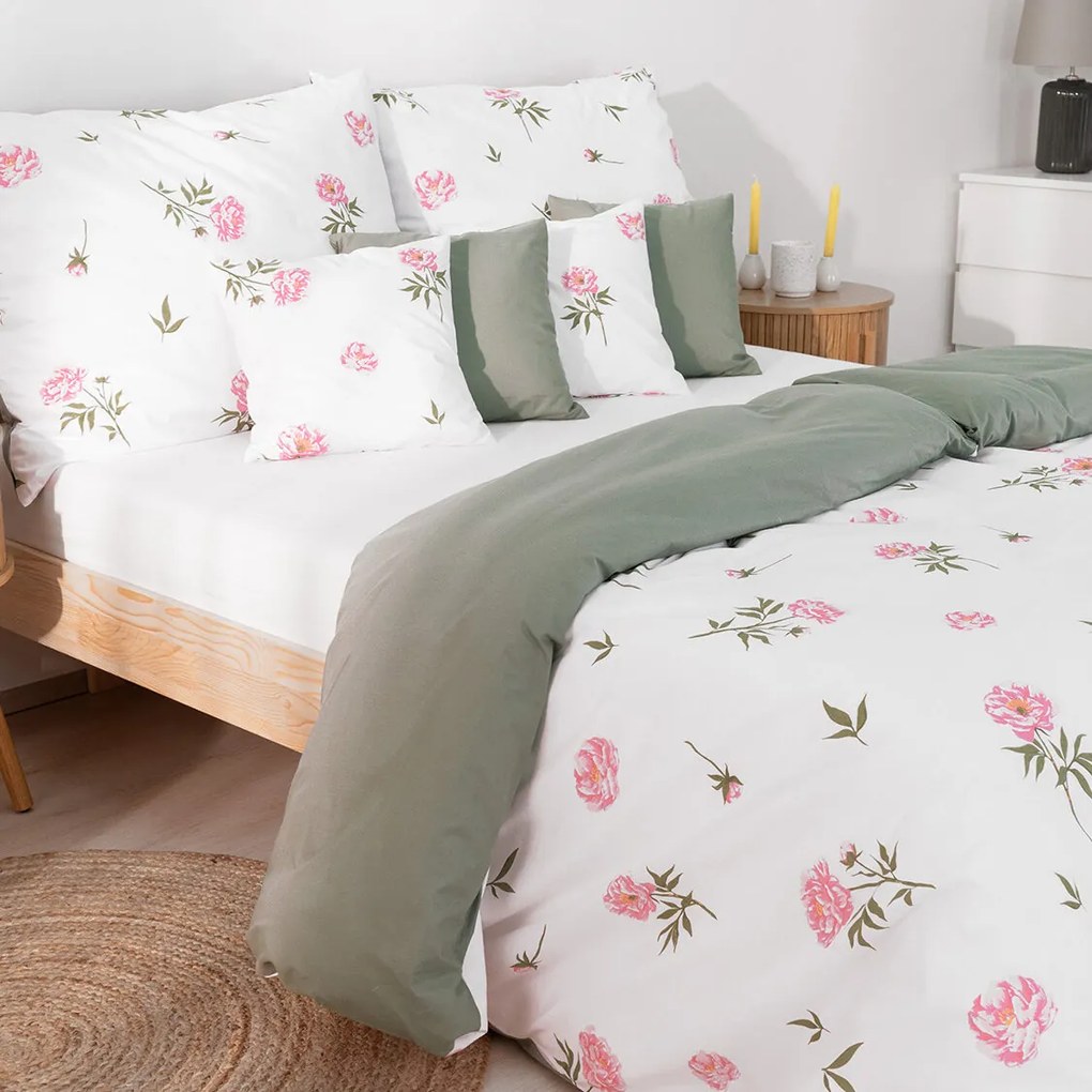Pamut ágyneműhuzat Duo - Pünkösdi rózsamintás, zsálya színű hátoldal