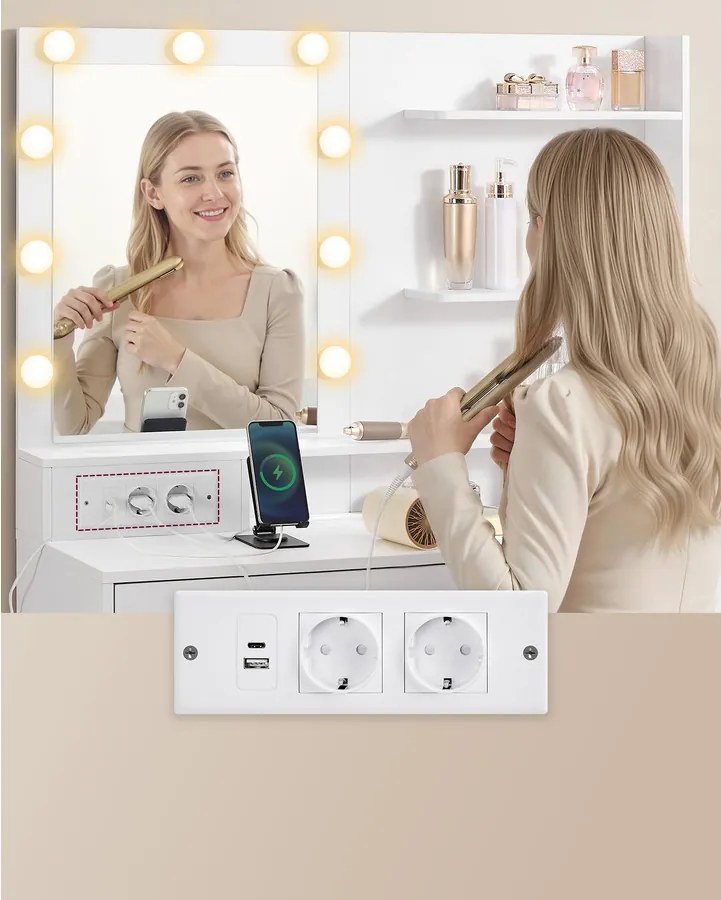 VASAGLE Kailyn LED-es sminkasztal 8 fiókkal és tükörrel, felhőfehér