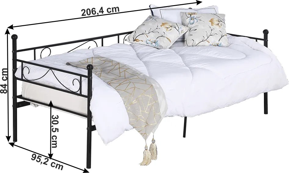 Fém kanapé - egyszemélyes ágy, fekete, 90x200, ROZALI