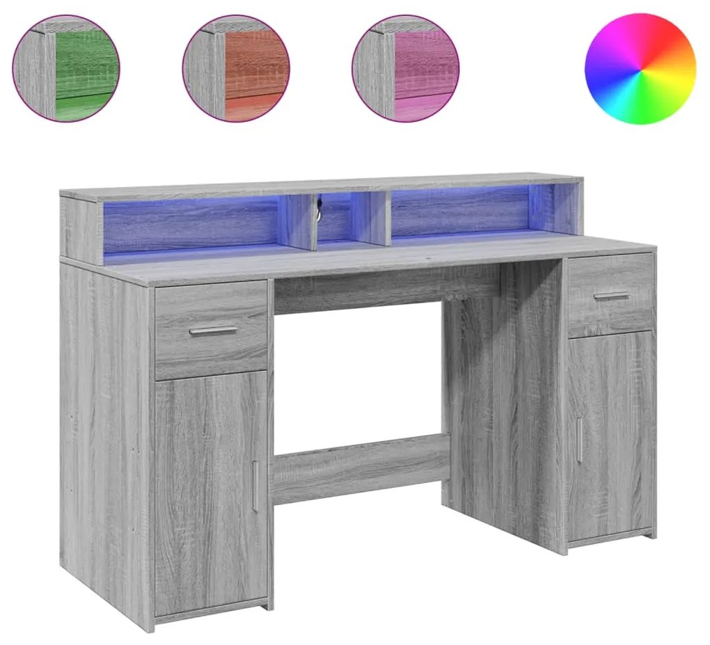 szürke sonoma színű szerelt fa íróasztal LED-ekkel 140x55x91 cm