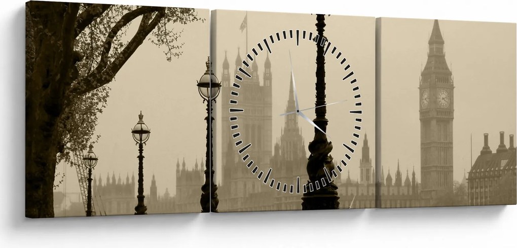 Kép - London a ködben, Anglia (órával) (90x30 cm)