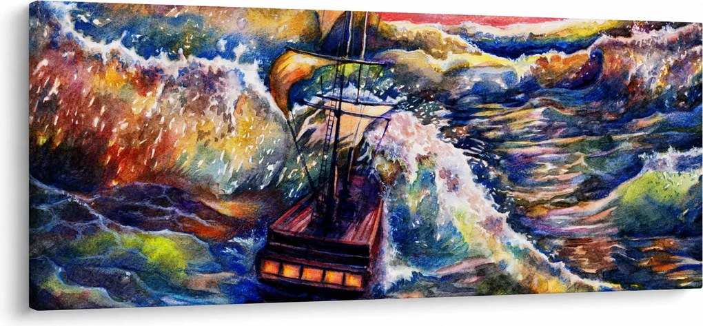 Kép - Hajó az óceán hullámain, aquarel (120x50 cm)