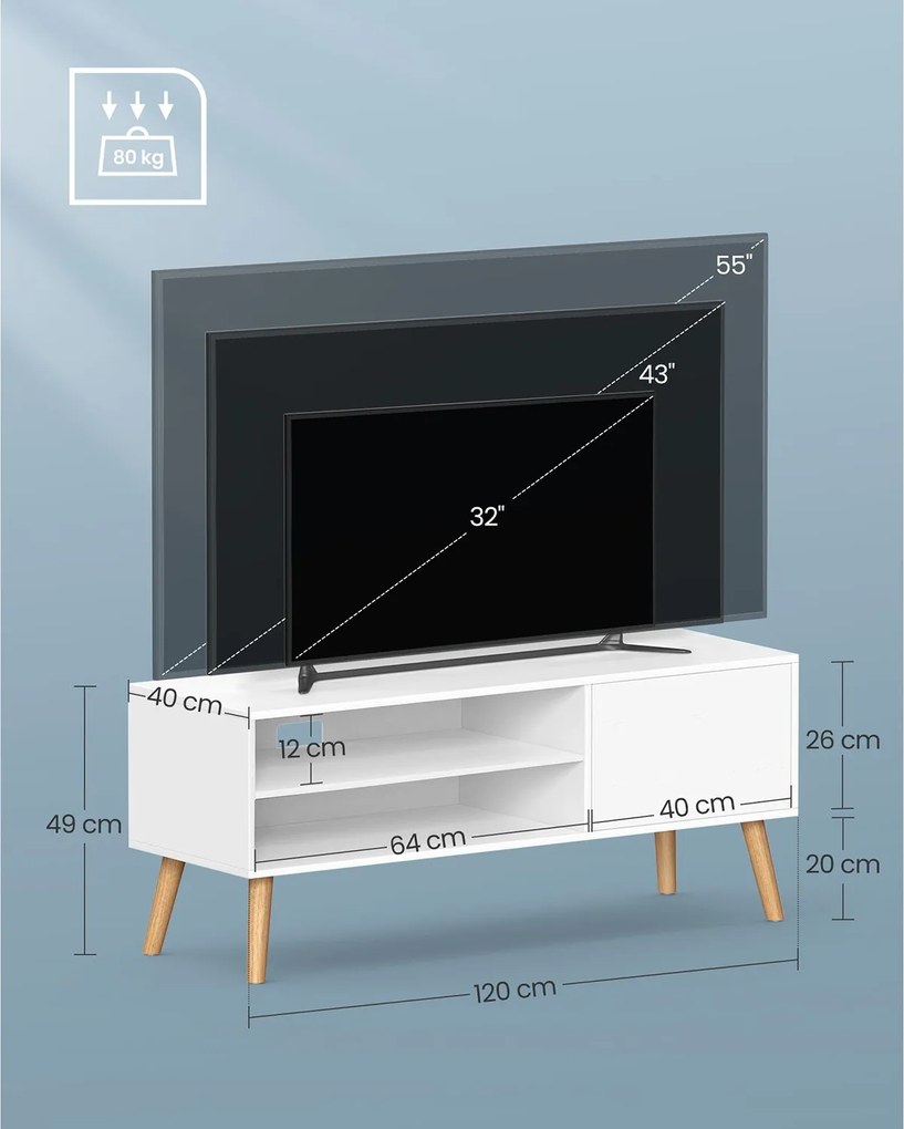 TV-állvány, 120 cm széles TV-szekrény, fehér