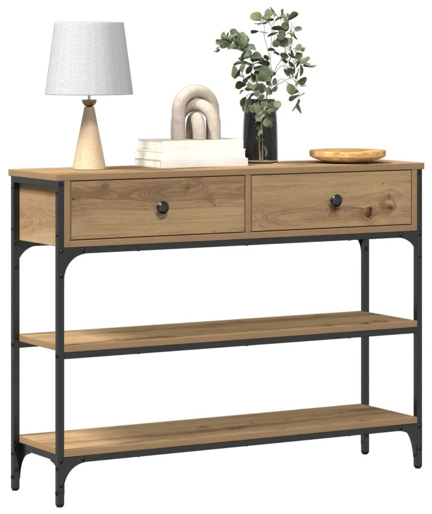 Konsole asztal Művészi tölgy 100x25x75 cm Szerelt fa &amp; acél