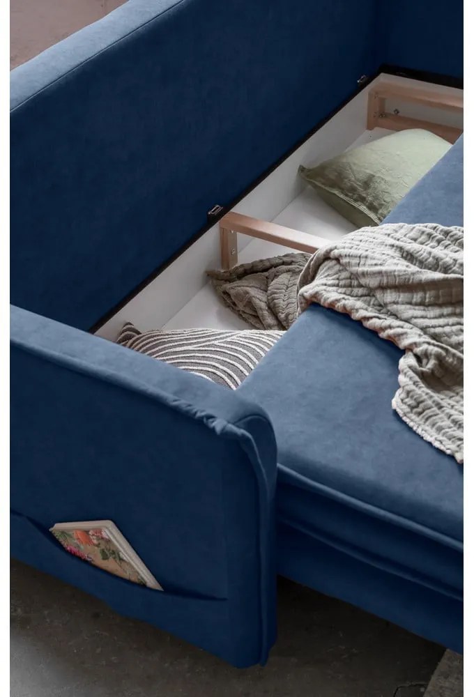 Sötétkék bársony kinyitható kanapé 225 cm Charming Charlie – Miuform
