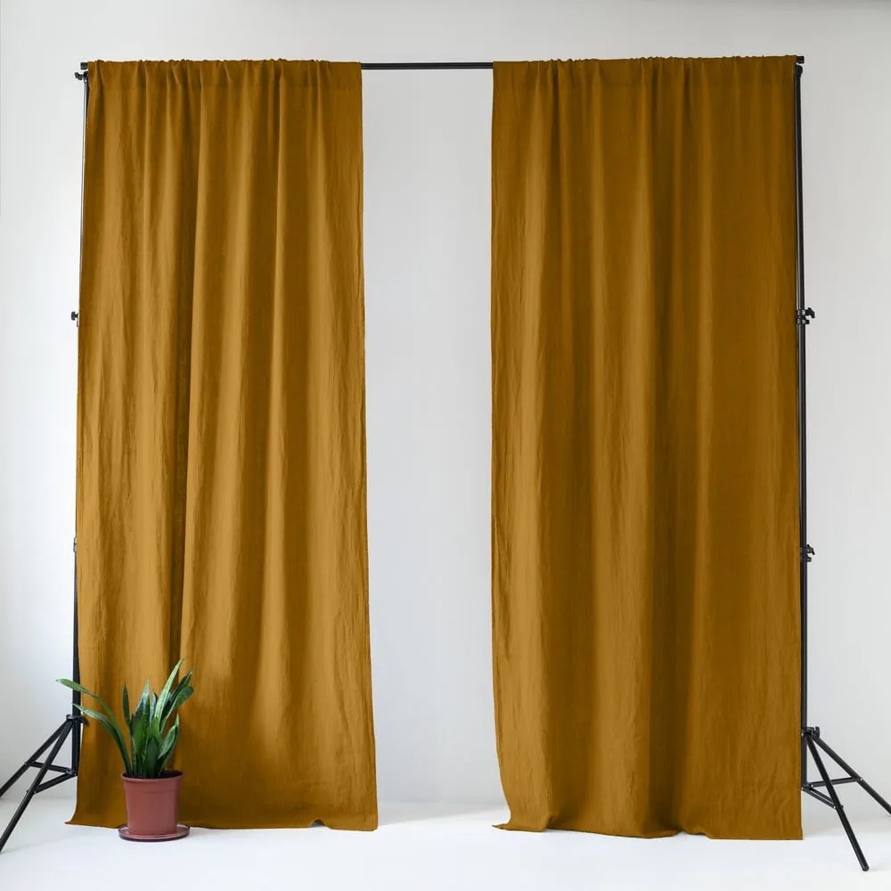 Okkersárgás-barna len függöny 140x330 cm Bronze – Linen Tales