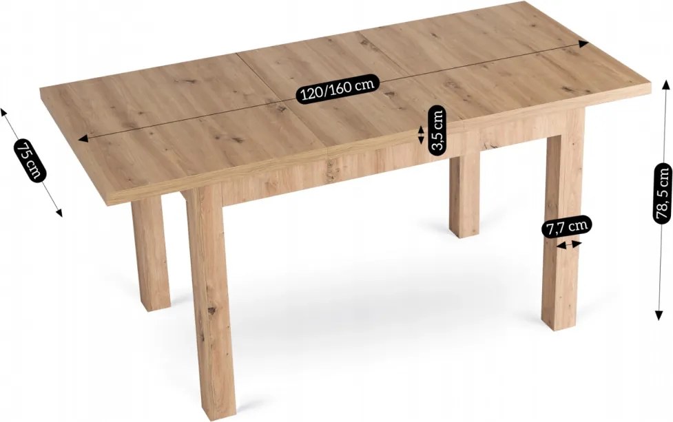 Kihúzható étkezőasztal 120–160 cm méretben, artisan tölgy színben SKUBI