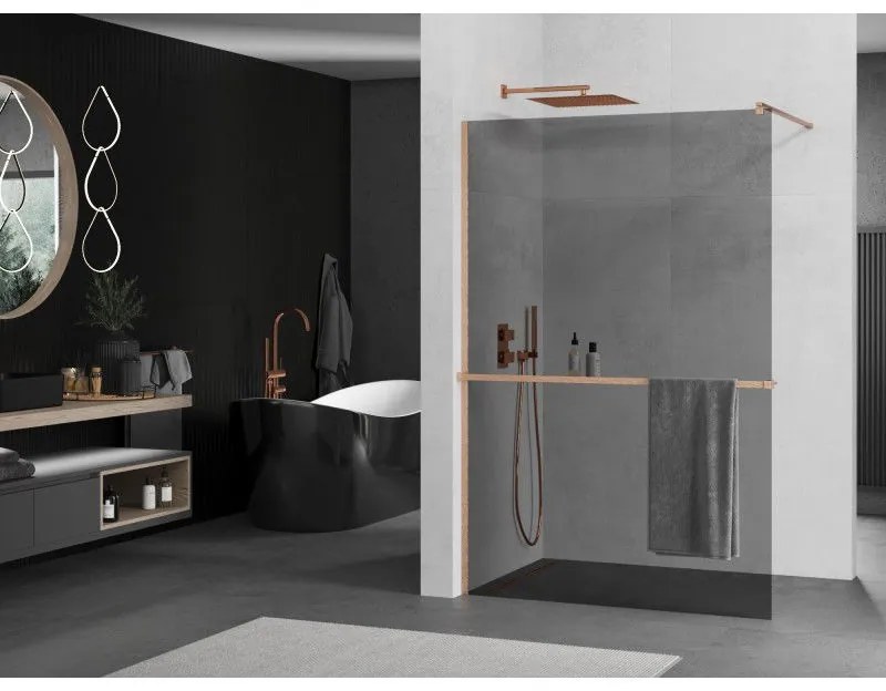 Mexen Kioto+, Walk-In zuhanyparaván polccal és akasztóval 100 x 200 cm, 8mm szürke üveg, réz matt profil, 800-100-121-65-40