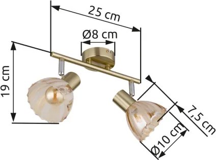 Globo 54315M-2 Fali spotlámpa, fém sárgaréz színű matt, króm, borostyánszínű üveg, szatírozott, elfordítható, HxSzxM: 250x130x190mm, 2x E14 40W 230V izzók nélkül
