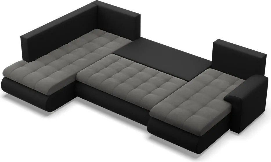 Tokio U sarokkanapé, 3 ágyneműtartóval, bársony + műbőr, baloldali, szürke - fekete