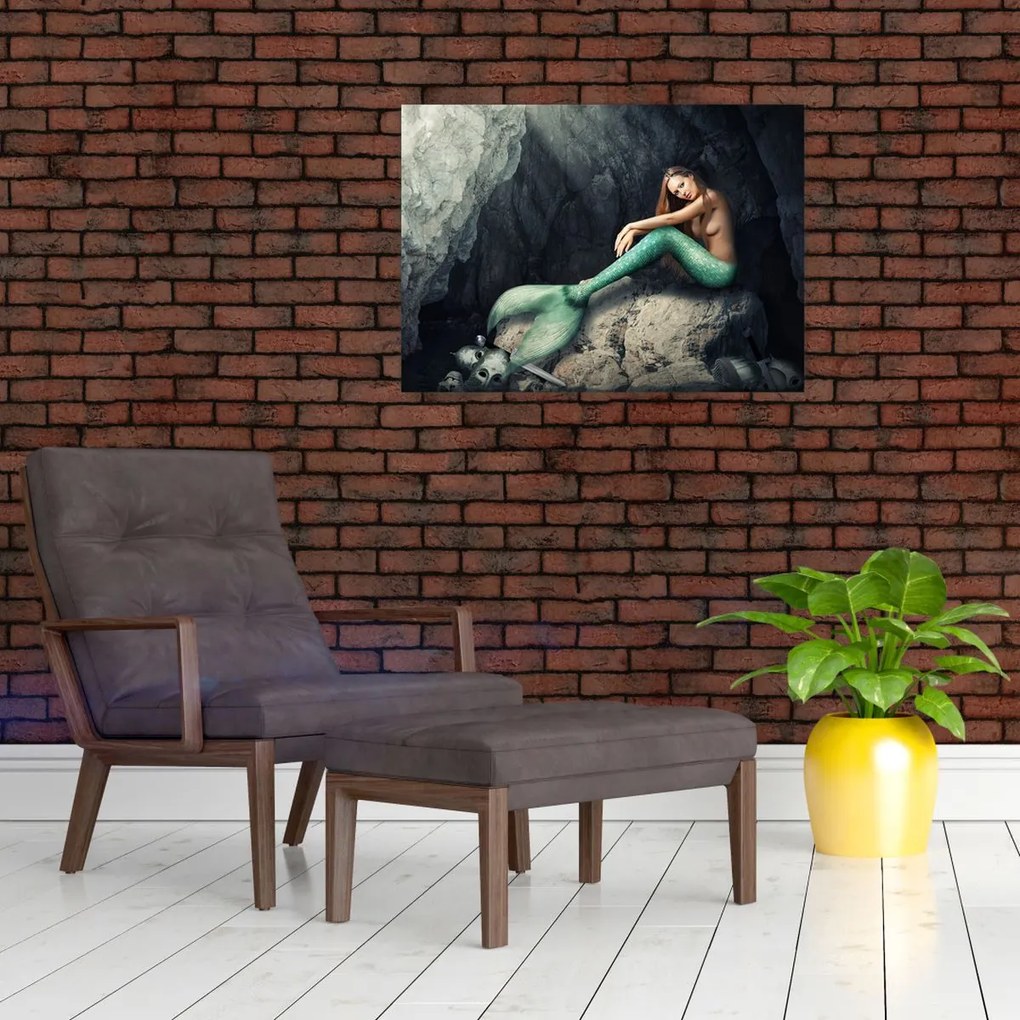 Üveg kép - Hableány a sziklán (70x50 cm)