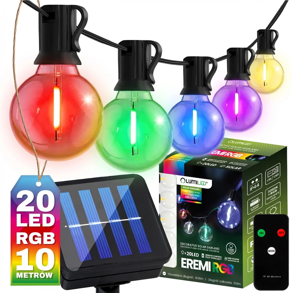 Napelemes Kerti Fényfüzér 20x Led 10m Rgb Meleg Dekoratív Izzók