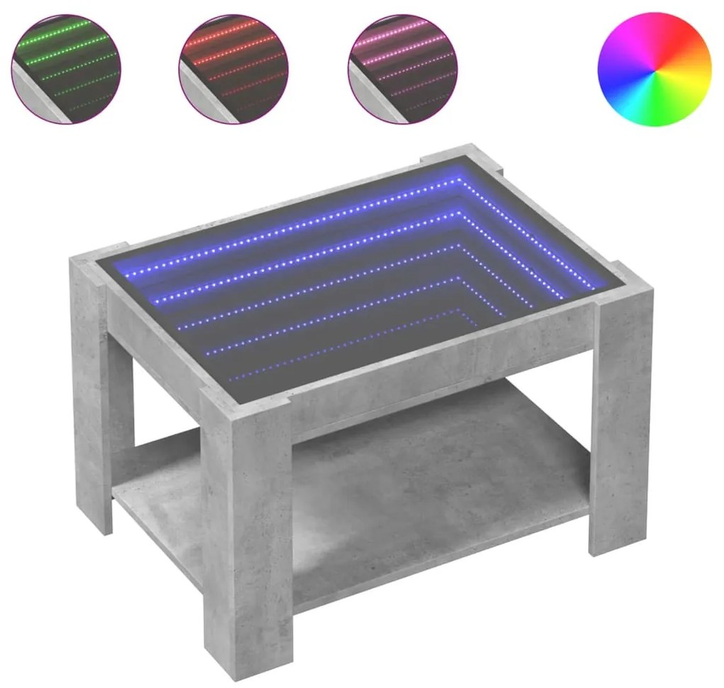 Betonszürke szerelt fa dohányzóasztal LED-del 73 x 53 x 45 cm