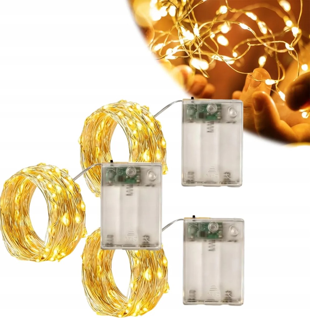 3x Led Lámpa Meleg Fehér Elemes 50 Led 5 Méter