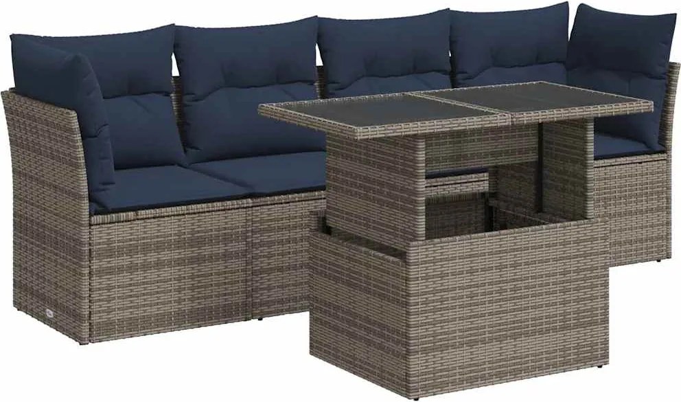 vidaXL 5 részes szürke polyrattan akácfa kerti ülőgarnitúra párnákkal