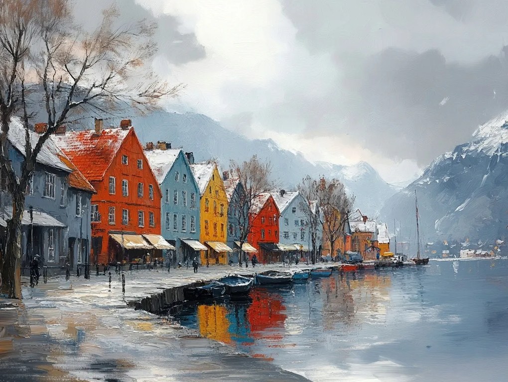 Vászonkép Canvas Norvégia Hegyek Bergen Bérházak Fjord Tél 80x60