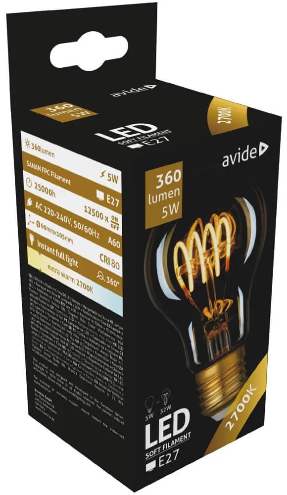 Avide LED Soft Filament Globe körte fényforrás, 4,5W E27 360° 2700K, 400 lm