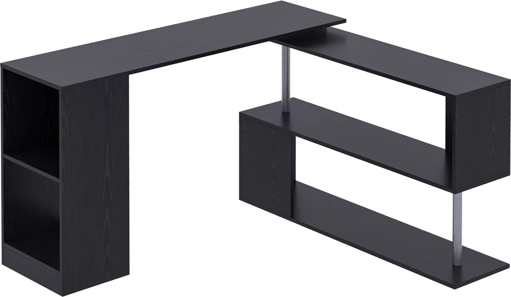 HOMCOM Helytakarékos Sarokasztal S-Forma Polccal, Modern Fa Asztal, 140x120x78 cm, Fekete | Aosom