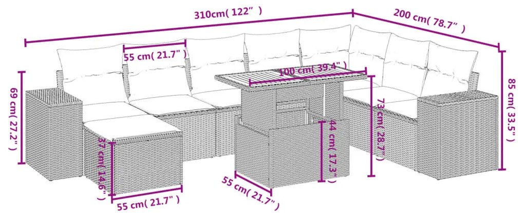 9 részes szürke polyrattan kerti ülőgarnitúra párnákkal