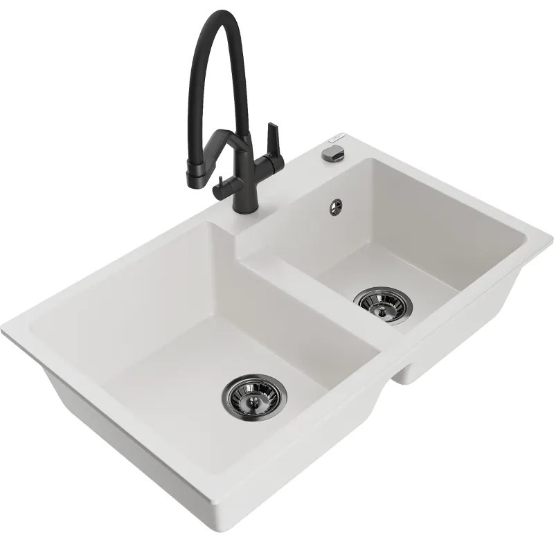 Mexen Tomas gránit mosogató 2 rekeszes konyhai csapteleppel Duo, fehér - 6516-20-671701-70-B