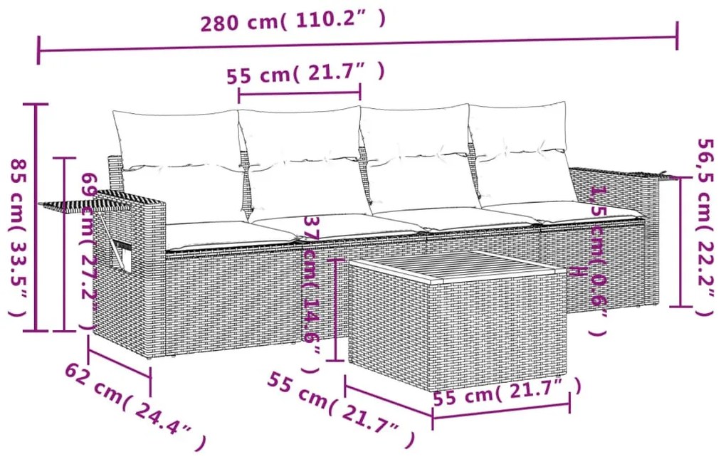 5 részes bézs polyrattan kerti ülőgarnitúra párnákkal