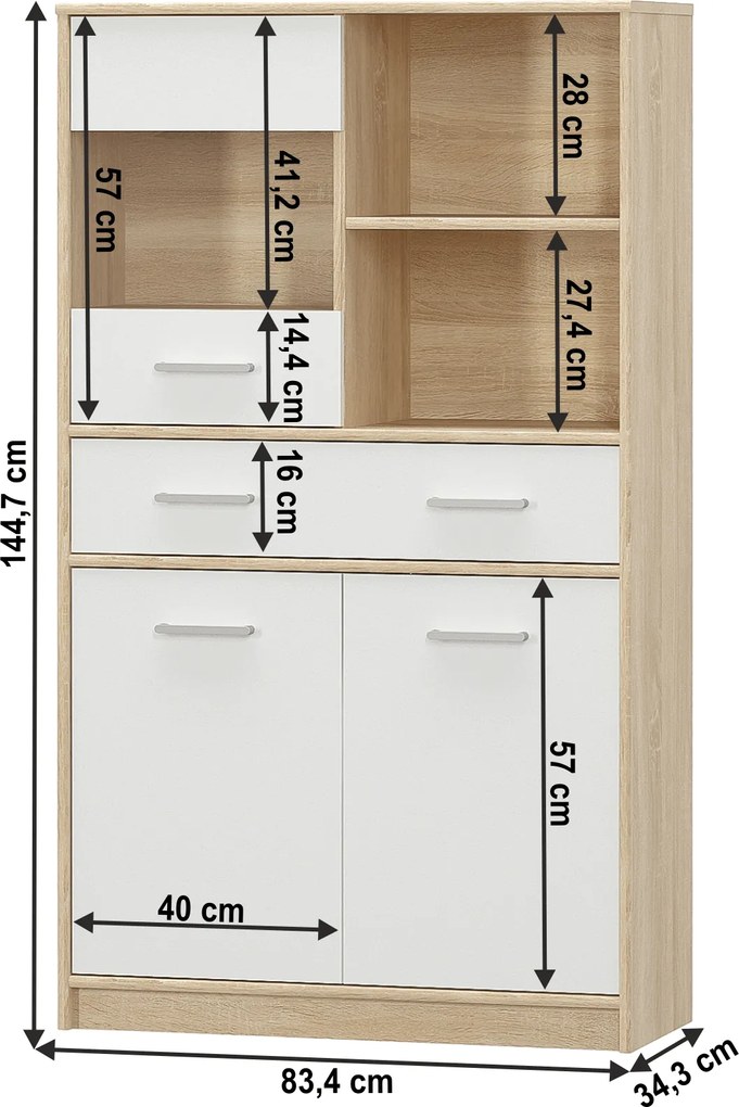 Vitrines szekrény 2D1W1S/80, fehér/tölgy sonoma, TEYO