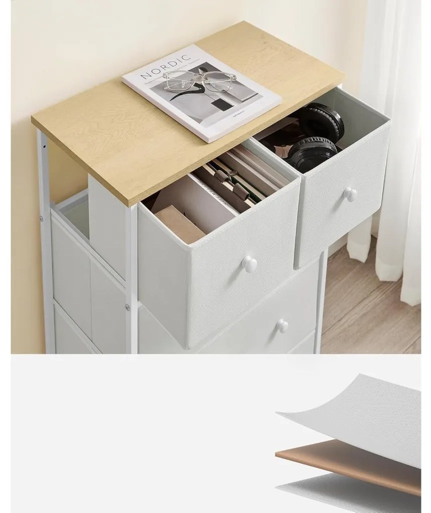 Tároló szekrény öt fiókkal, ruhás szekrény, fehér és tölgy 30 x 56 x 93 cm