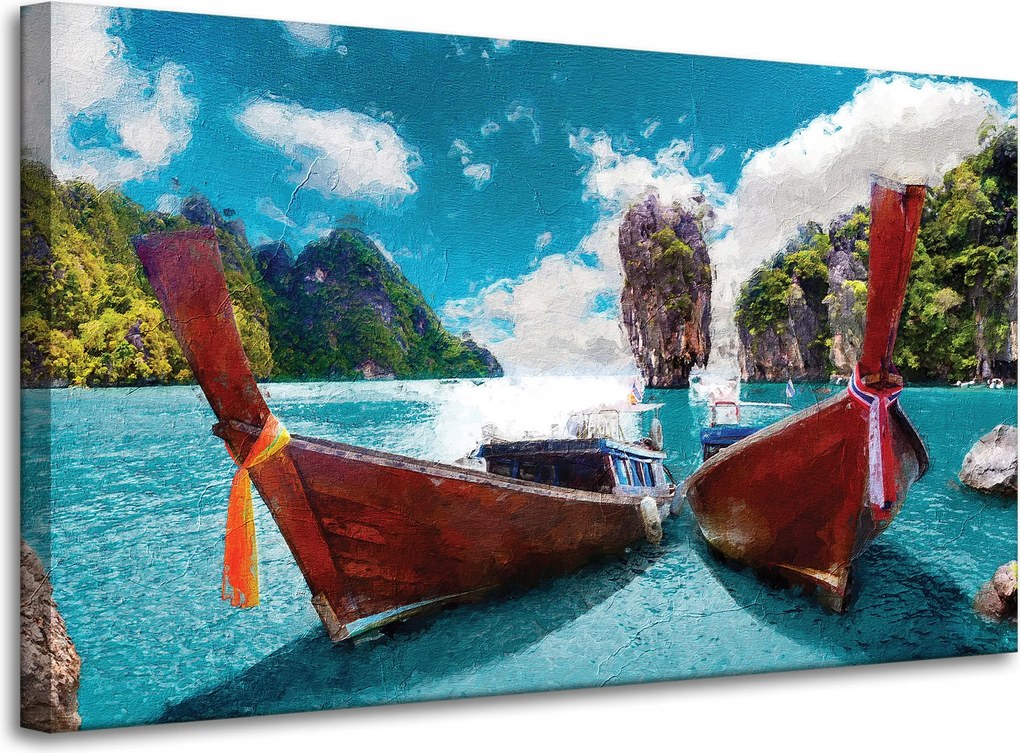 Vászonkép Csónakok a parton Víz Hegyek 100x60 cm Ideális ajándék