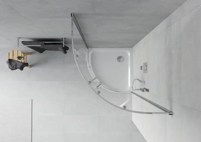 Mexen Rio 90 x 90 cm-es félköríves zuhanykabin, átlátszó, króm + Flat fehér zuhanytálca - 863-090-090-01-00-4110