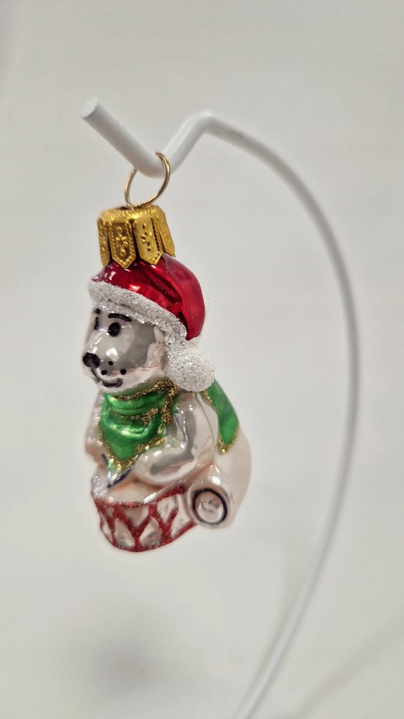 Karácsonyfadísz üvegből maci dobbal zöld