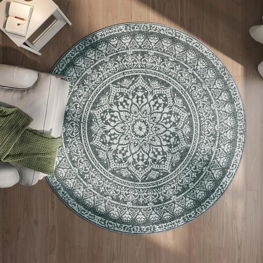 Kerek Szőnyeg, Kültéri Szőnyeg, Boho, 160 cm átmérő, Mosható, Antracitszürke