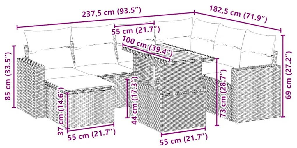 8 részes bézs polyrattan kerti ülőgarnitúra párnával