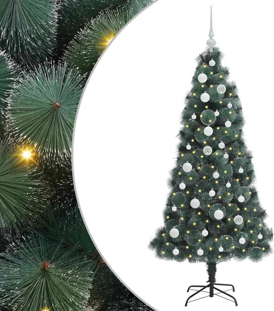 vidaXL Műfenyő LED világítással és dísz golyó készlettel Zöld 150 cm