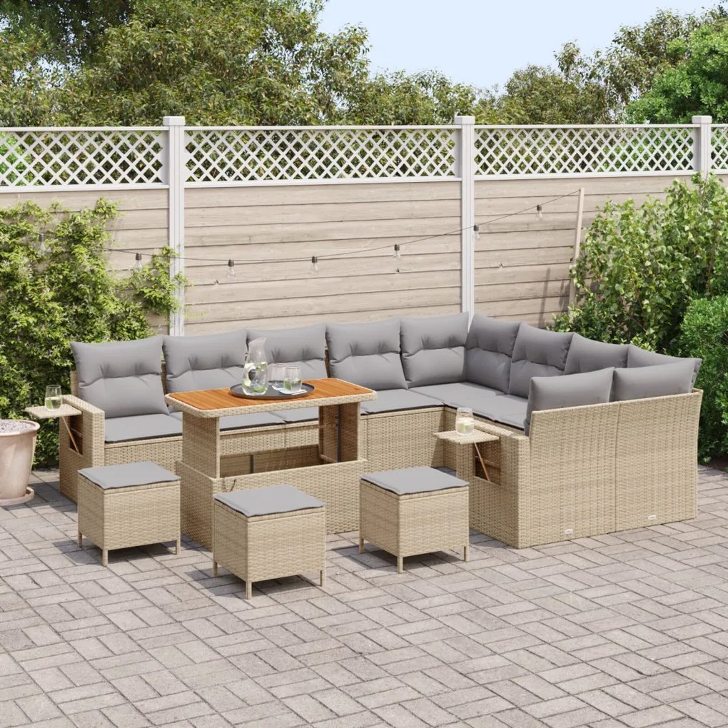 12 részes kerti sofa szett párnákkal bézs poli rattan anyagból, 3 részes kerti étkező szett párnákkal bézs poli rattan anyagból