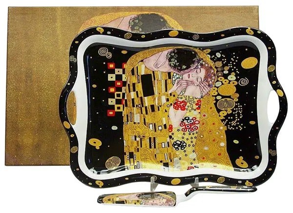 Klimt porcelán süteményes kínáló tálca lapáttal A Csók Black