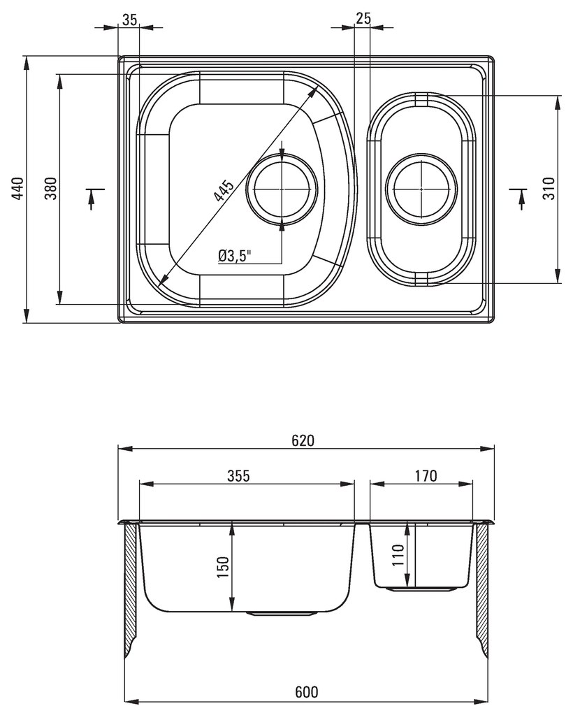 Deante Xylo, rozsdamentes acél munkalap mosogató 1,5 kamrás B/O 620x440x150 3,5" + szifon, dekor mintás, ZEX_3503