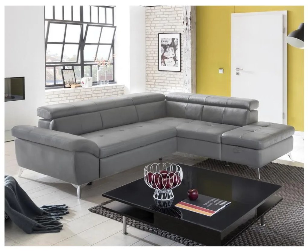 Bőrkárpitos, balos, L-alakú SALERNO II sarokkanapé, szürke