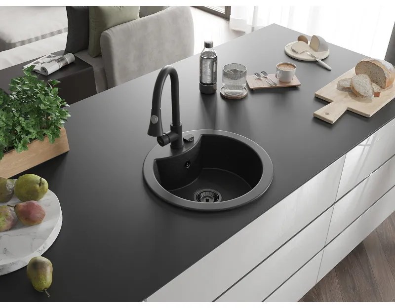 Mexen Diego, 1 kamrás gránit mosogató 488x488x167 mm és Elia mosogató csaptelep, fekete-ezüst metál, 6512-73-670101-70-B