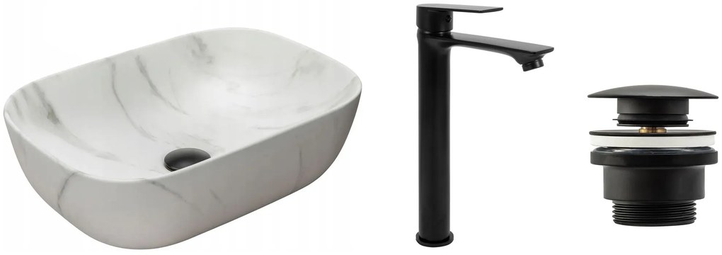 készlet Pultos mosdó Belinda marble matt + Fürdőszobai csaptelep Mayson black matt + Dugó black matt