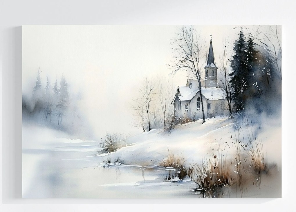 Vászonkép Canvas Tájkép Tél Hó Jég Fagy Folyó Templom 120x80