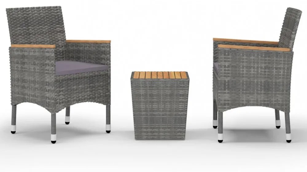 3 részes szürke polyrattan és akácfa bisztrószett