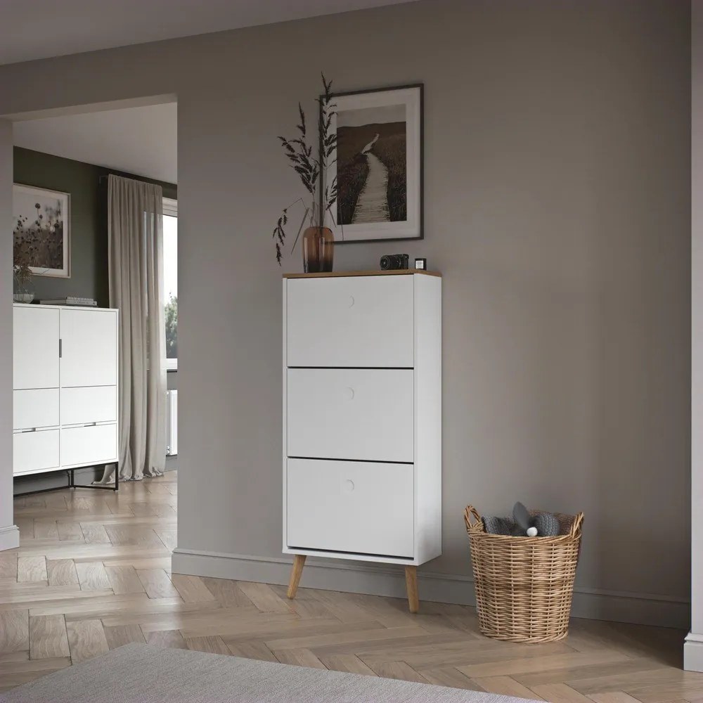 Dot fehér cipősszekrény tölgyfa dekorral, 3 billenős fiókkal - Tenzo