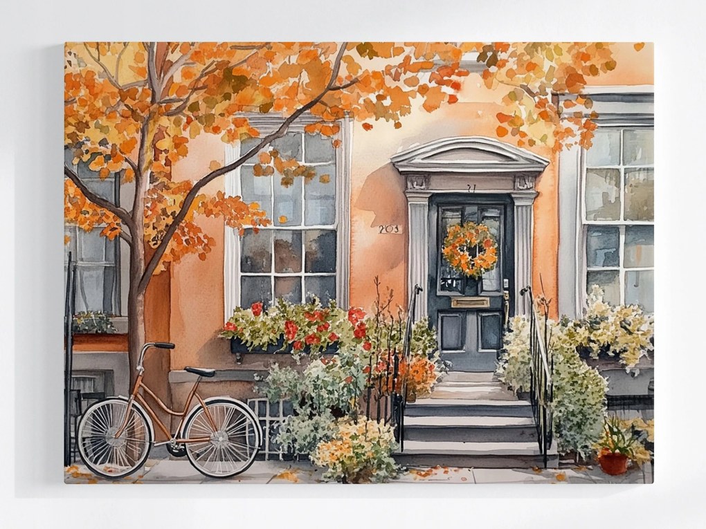 Vászonkép Canvas Város Utca Bérház Ajtó Bejárat Ősz 100x75