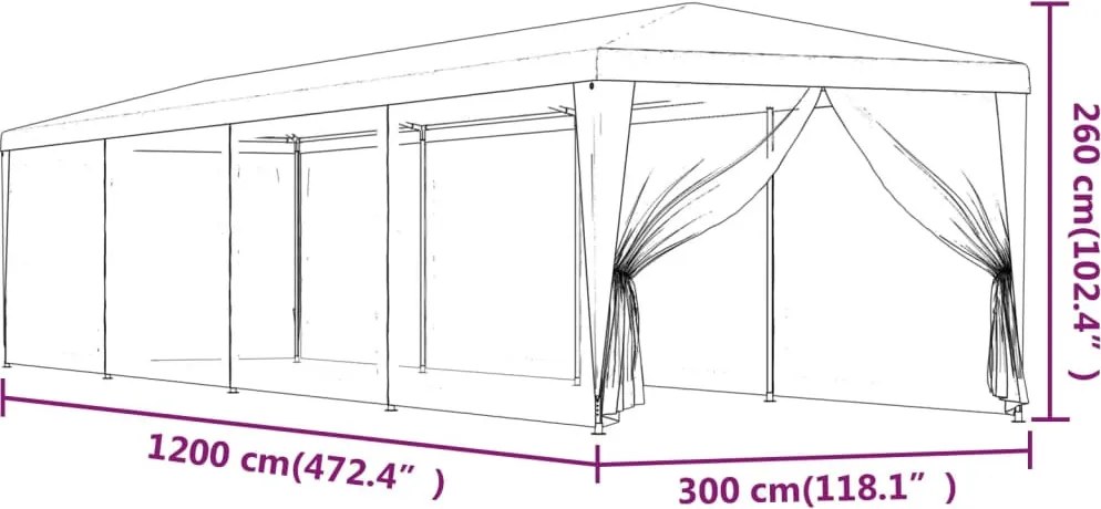 Kék HDPE rendezvénysátor 10 hálós oldalfallal 3 x 12 m