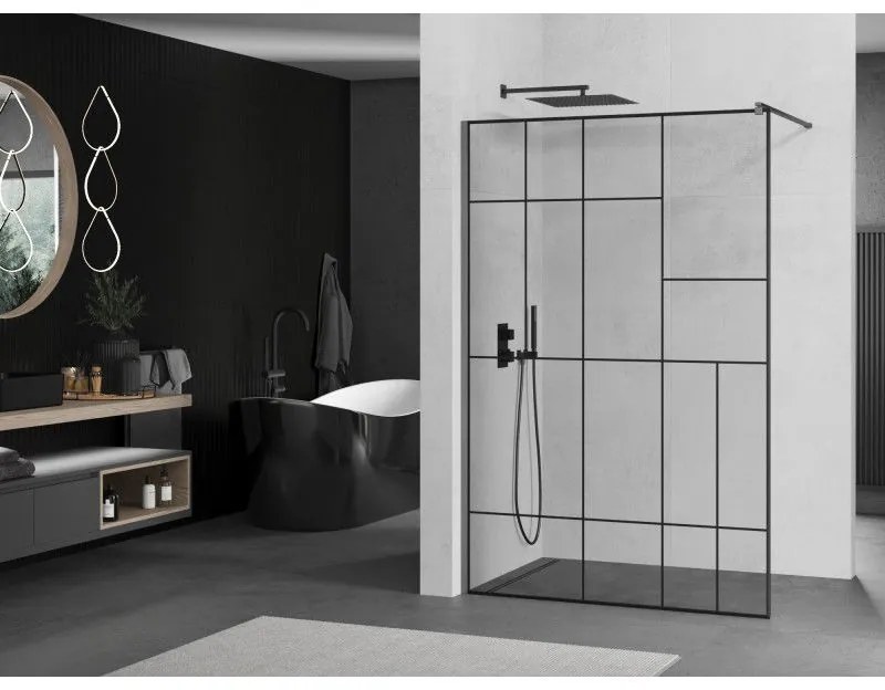 Mexen Kioto, Walk-In zuhany paraván 70 x 200 cm, 8 mm átlátszó üveg fekete mintás, grafit profil, 800-070-101-95-78