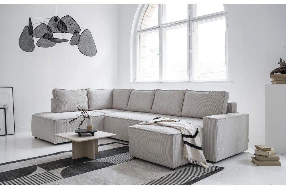 Fehér kordbársony kinyitható sarokkanapé (bal oldali-U alakú) Brave Dave – Miuform