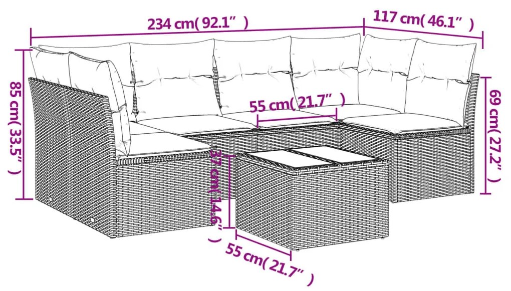 7 részes barna polyrattan kerti ülőgarnitúra párnákkal