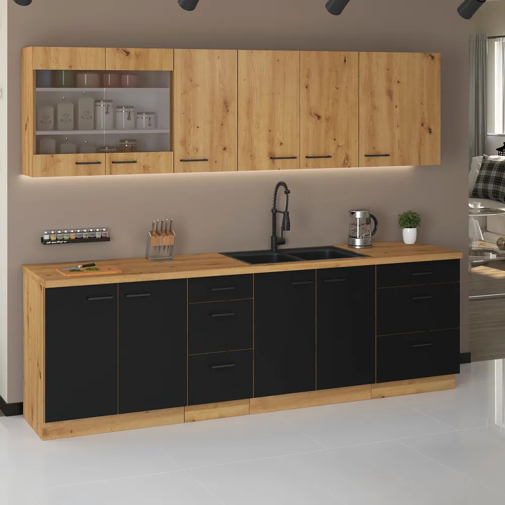 Alsó szekrény fém kosárral, matt fekete/artisan tölgy, MONRO 15 D CARGO