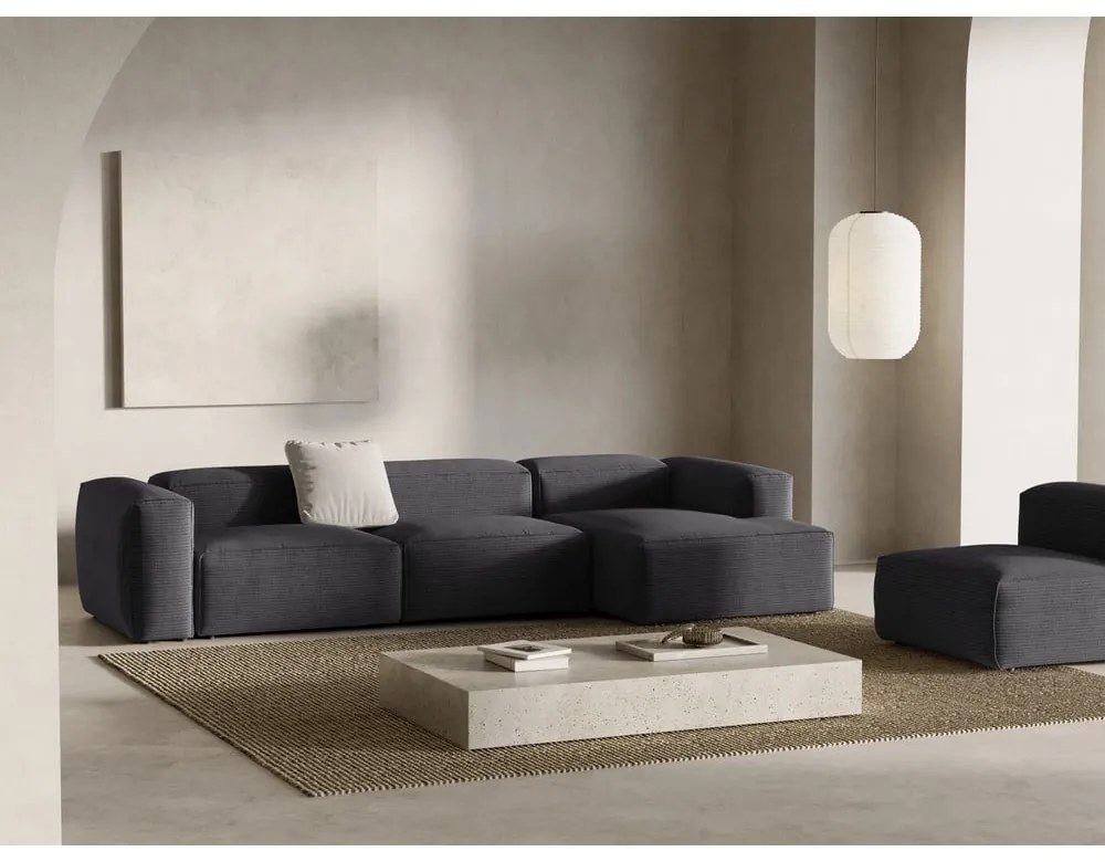 Sötétszürke kordbársony sarokkanapé (jobb oldali-heverő résszel) Bergano – Cosmopolitan Design